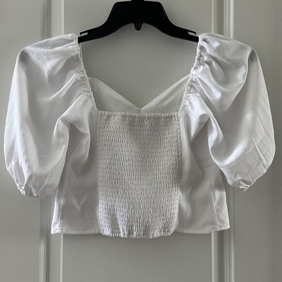 Abercrombie & Fitch White Puff Sleeve Shirred Back Cropped Blouse Sweetheart Nec - Picture 2 of 6